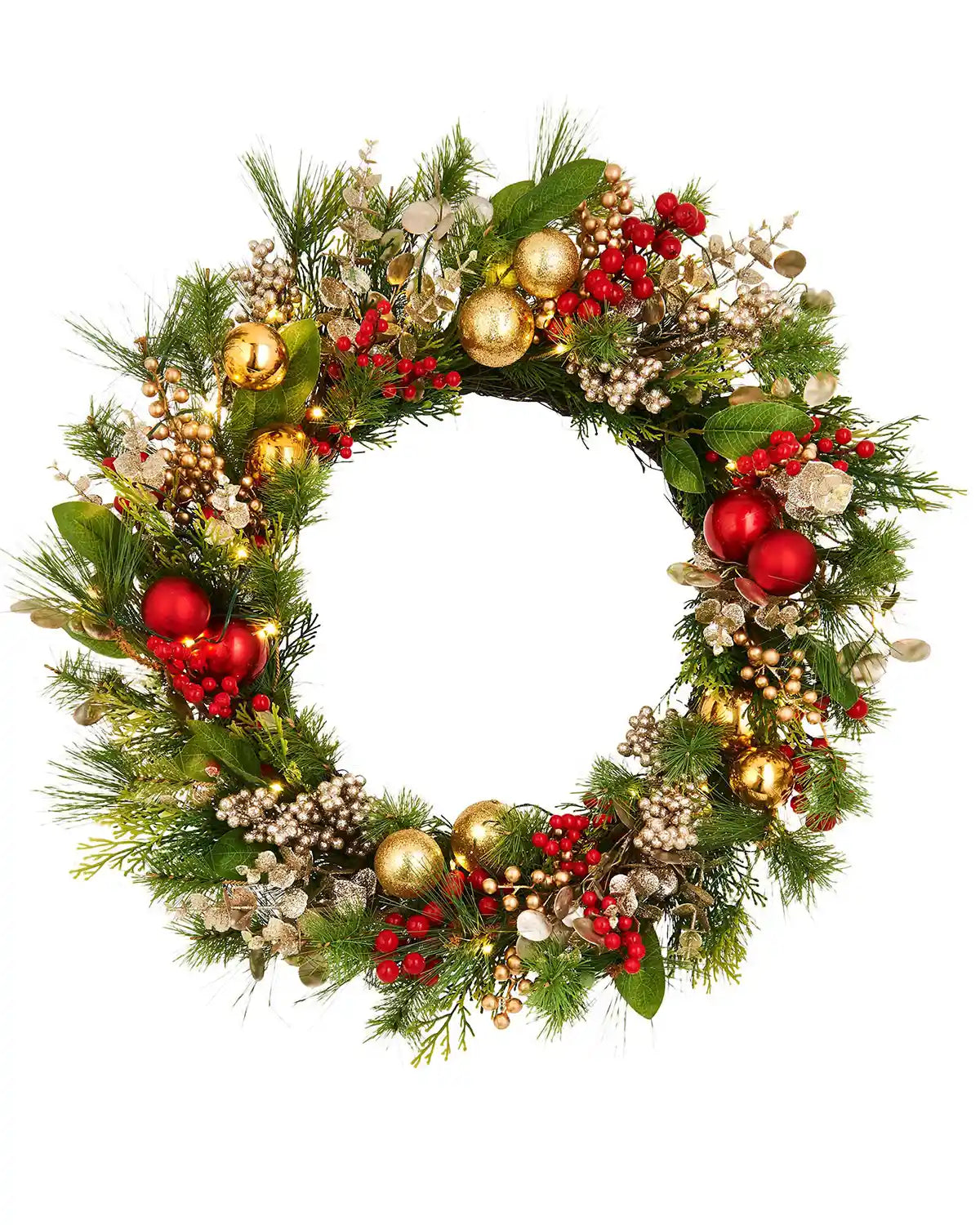 Decorative Christmas wreath with lights, red berries, and gold ornaments on a white background