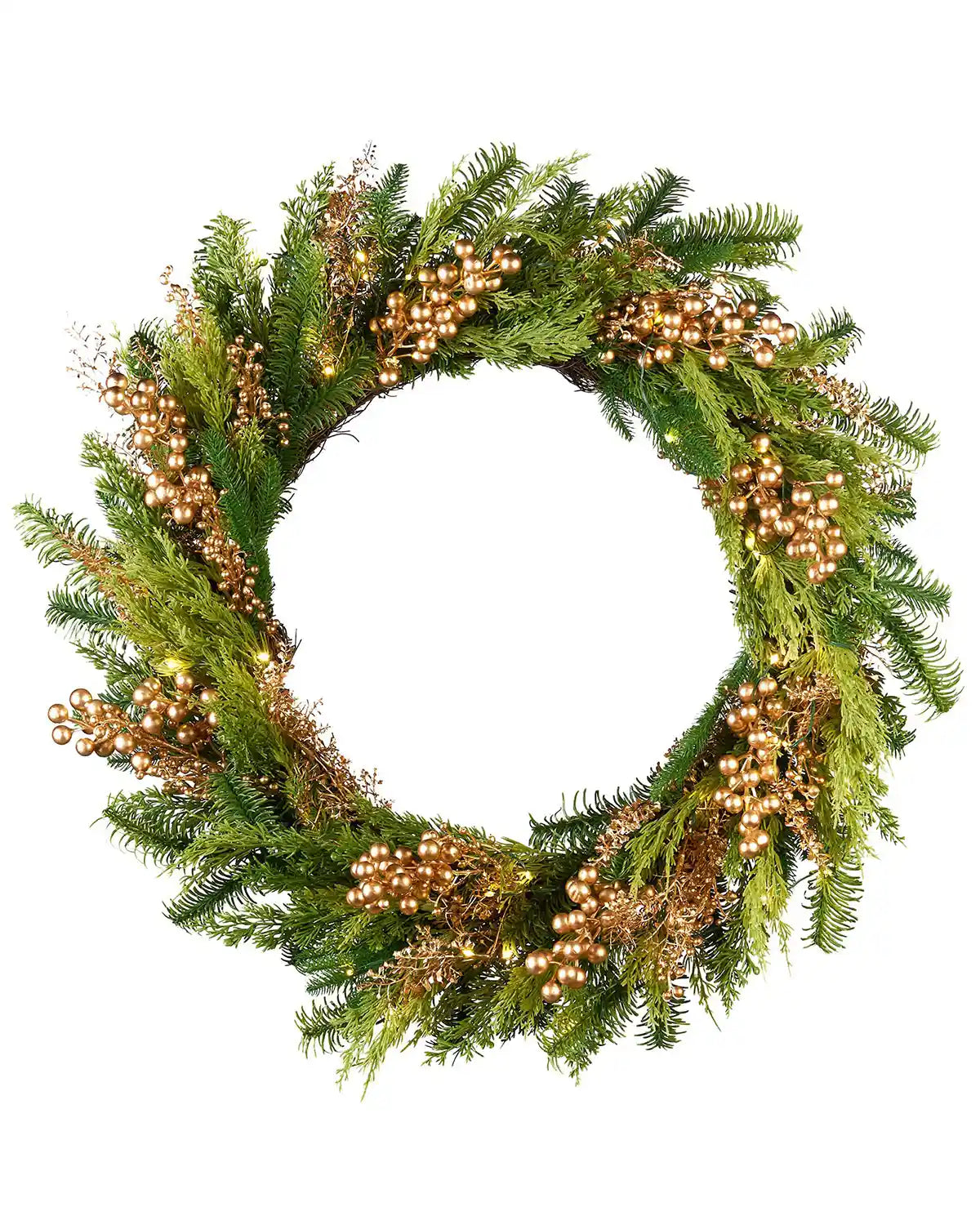 Decorative Gold Berry wreath with greenery and small lights on a white background