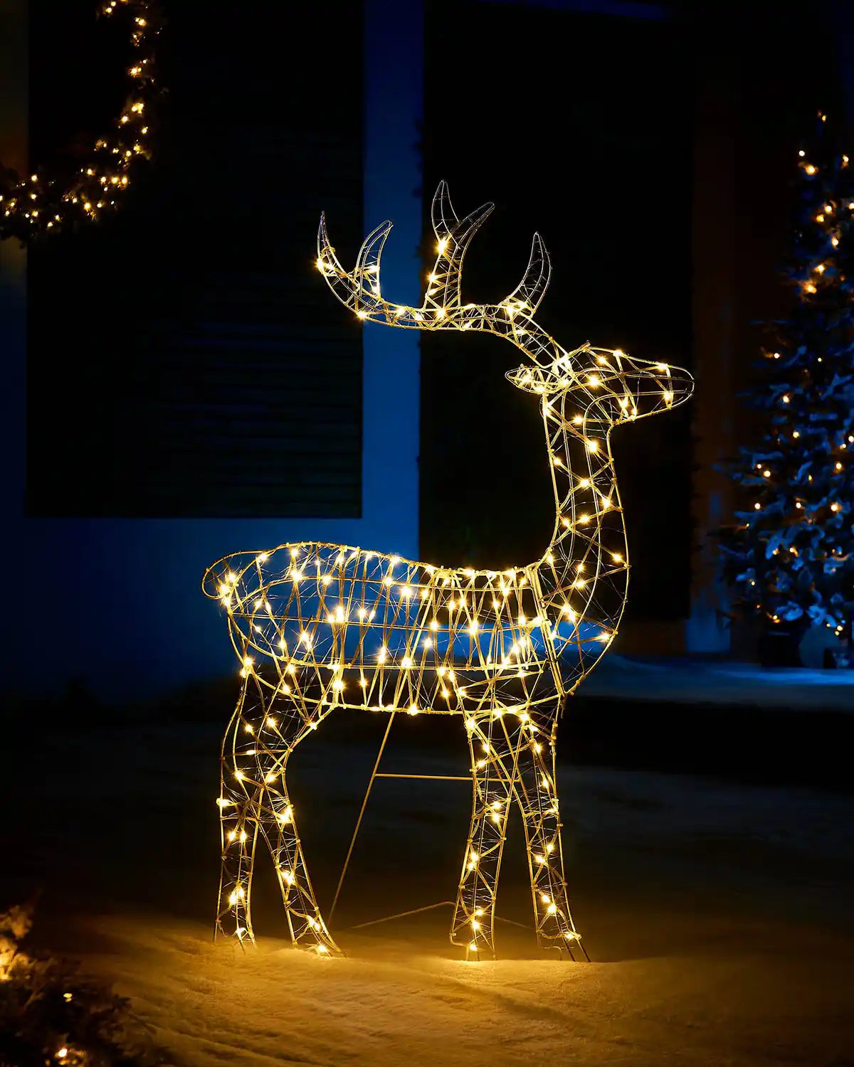 Decorative LED reindeer figure illuminated in a dark outdoor setting with Christmas lights.