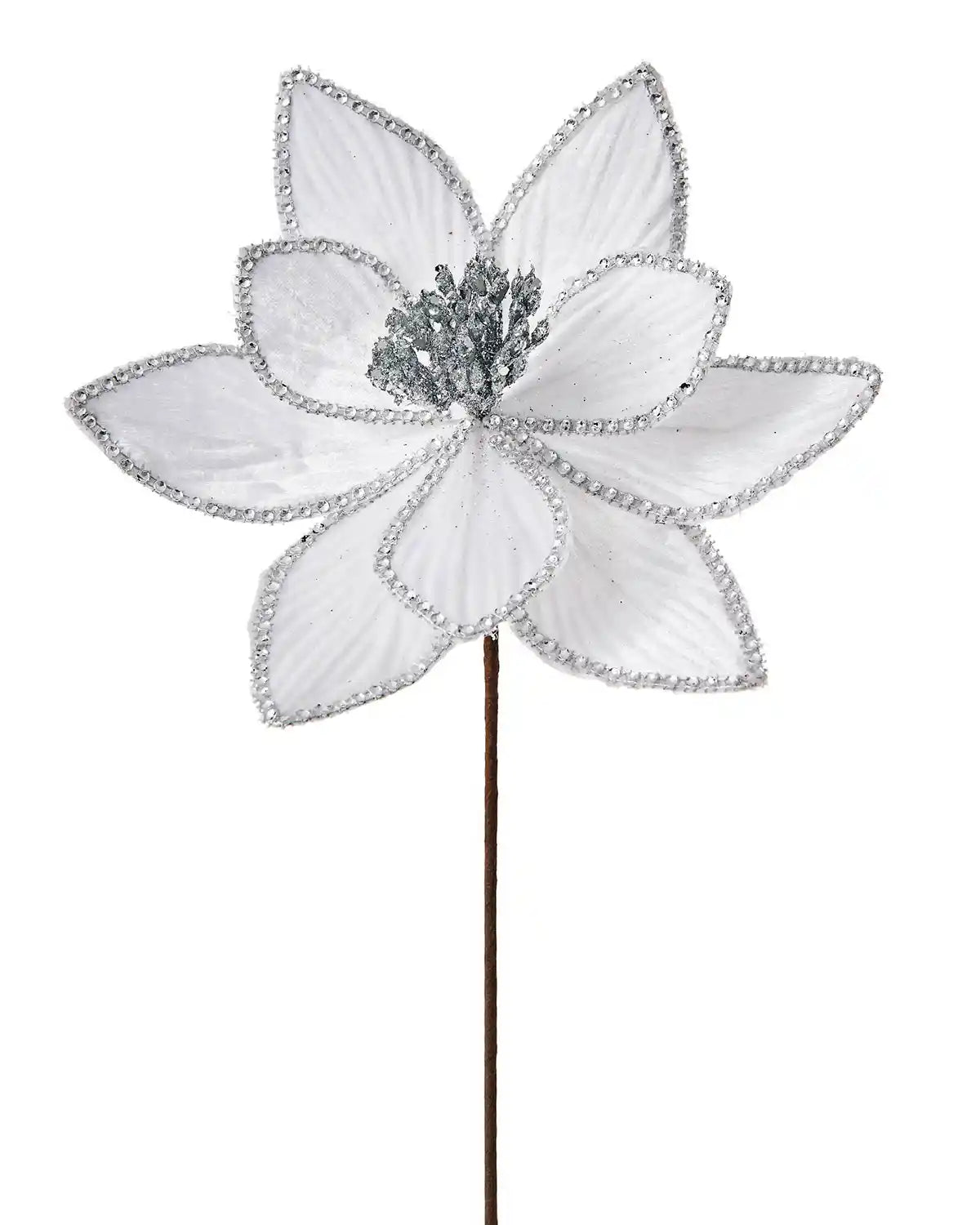 Decorative Poinsettia flower with white petals and silver accents on a white background
