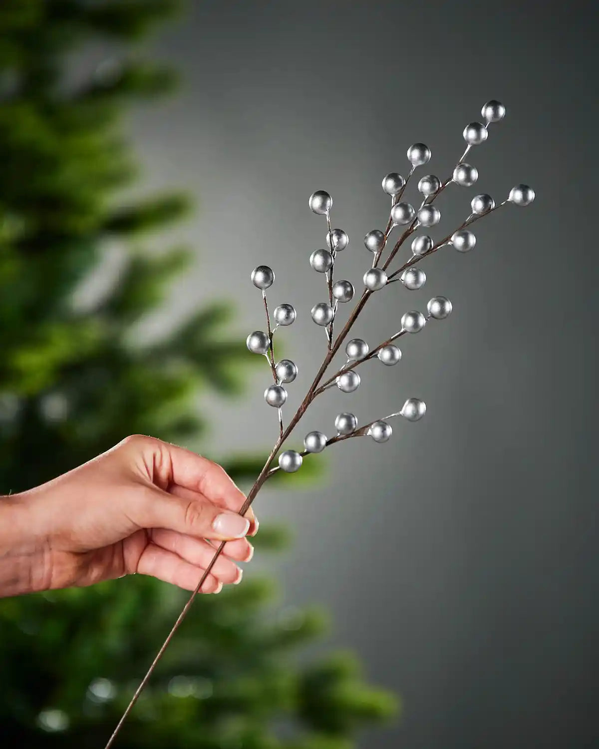 Decorative branch with berries held by a hand against a blurred green and grey background