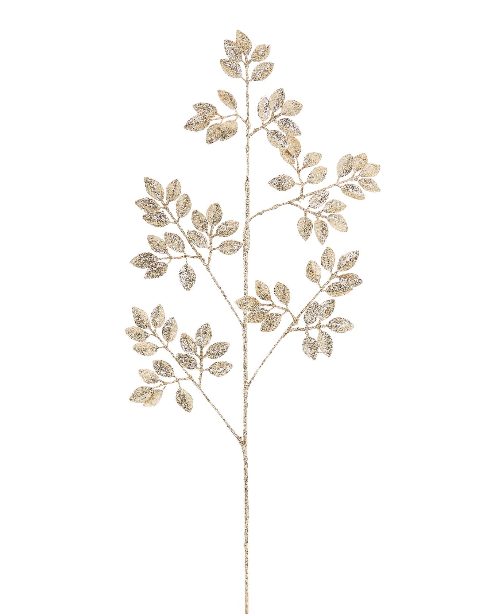 Decorative branch with glitter gold leaves on a white background