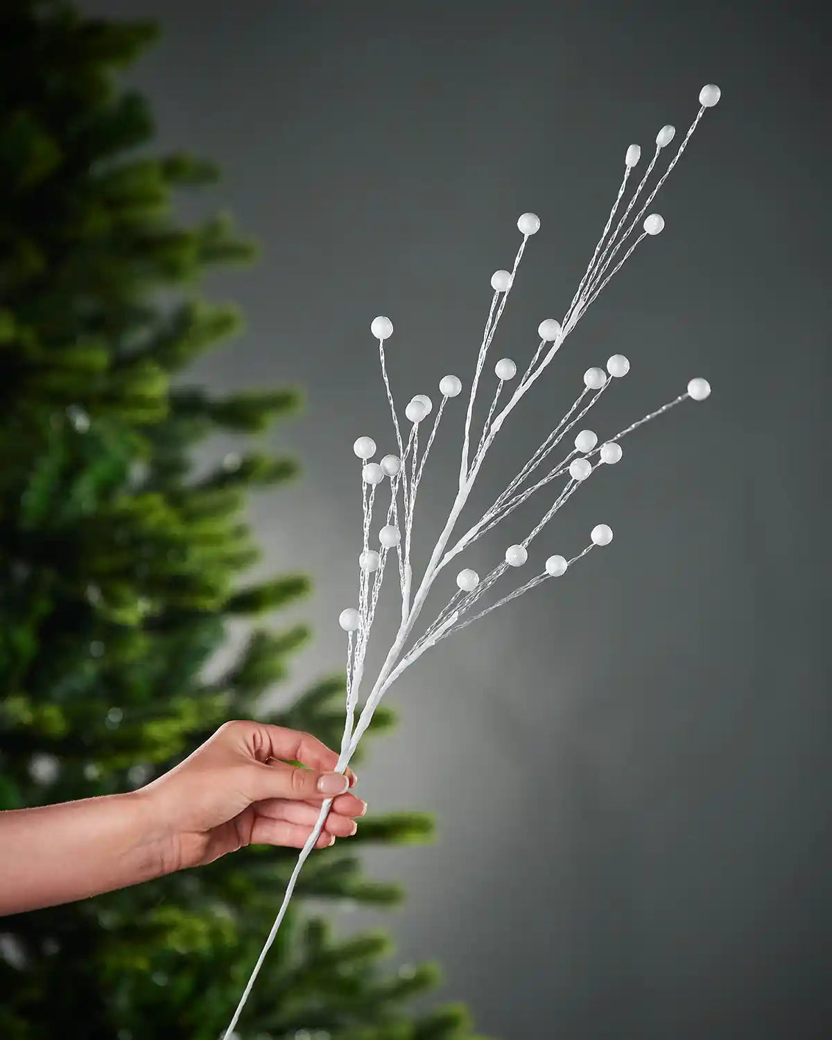 Decorative branch with white berries held by a hand in front of a Christmas tree.