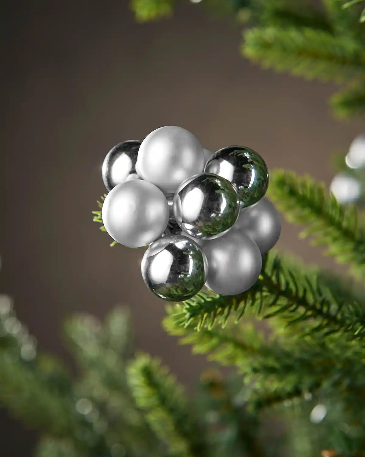 Decorative cluster of silver and white spherical ornaments on a green branch.