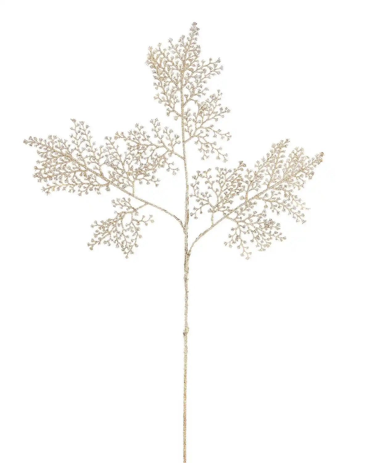 Decorative gold glitter artificial plant stem with small branches on a white background