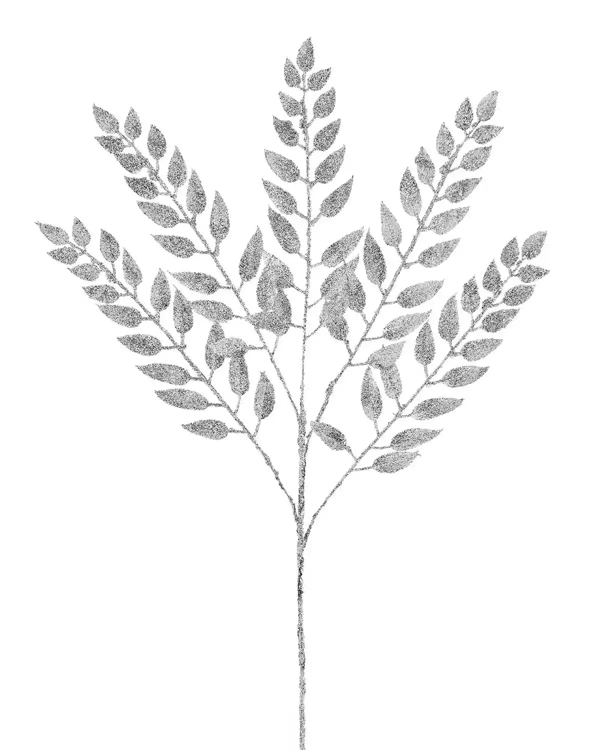 Decorative silver glitter branch with leaves on a white background