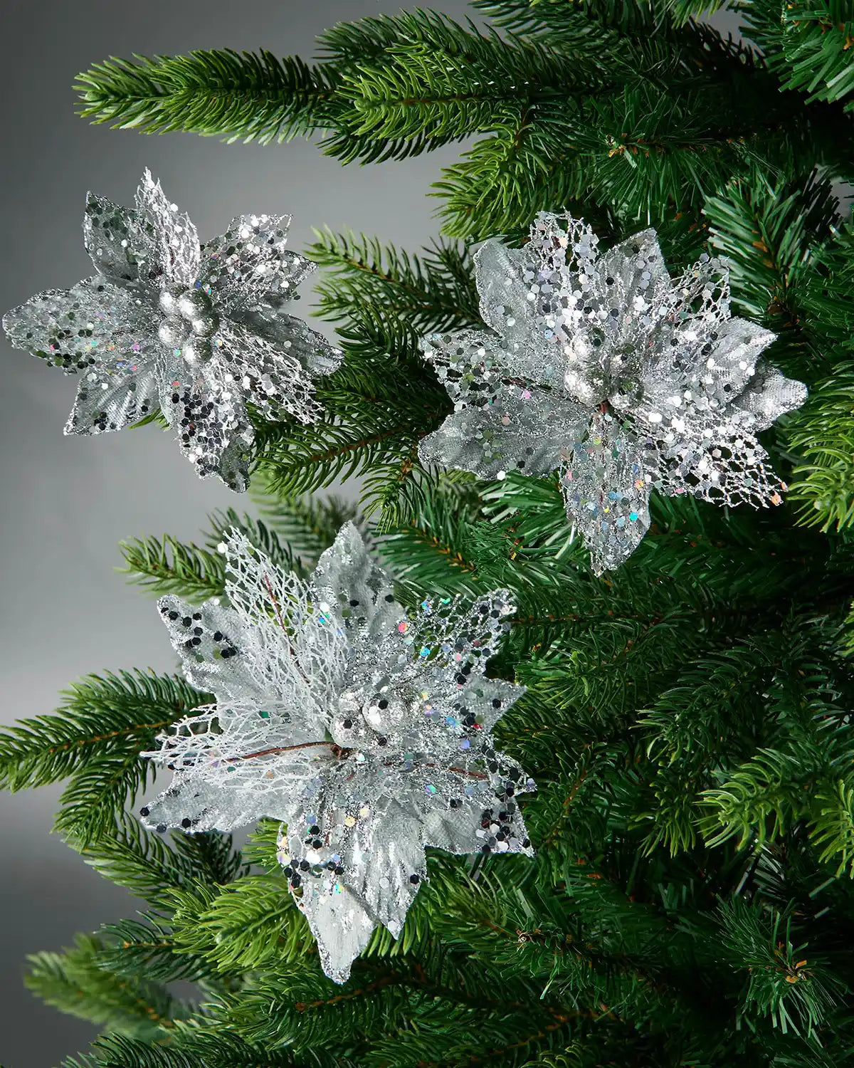 Decorative silver poinsettia flowers on a green Christmas tree with a grey background