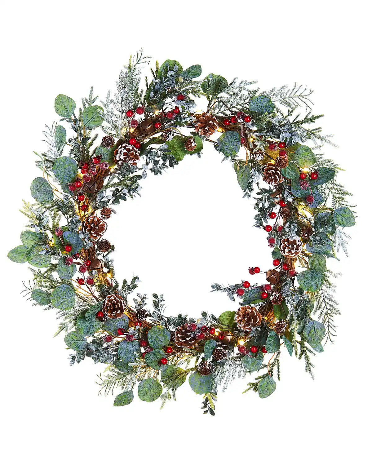 Decorative wreath with eucalyptus,  pinecones, and red berries on a white background