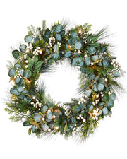 Decorative wreath with greenery, Eucalyptus and lights on a white background