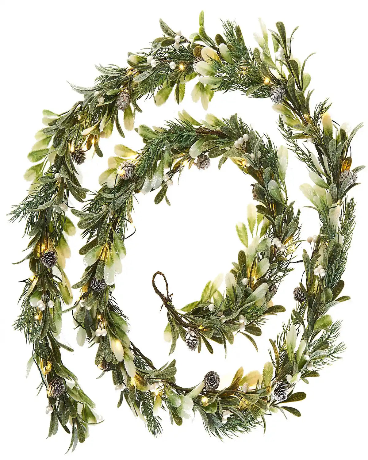 Decorative wreath with greenery, white berries and pinecones and lights on a white background