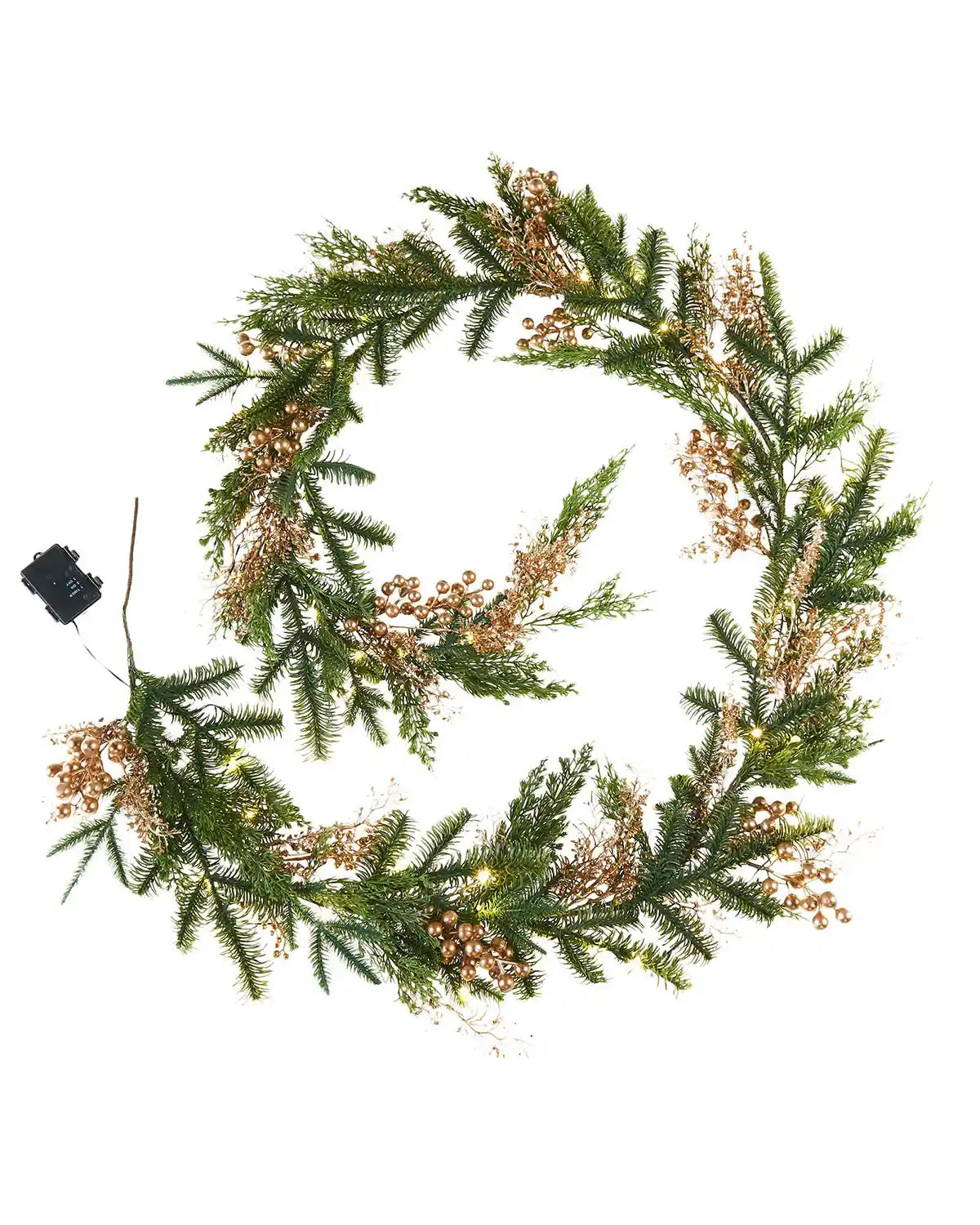 Decorative wreath with lights, battery pack, greenery and small berries on a white background