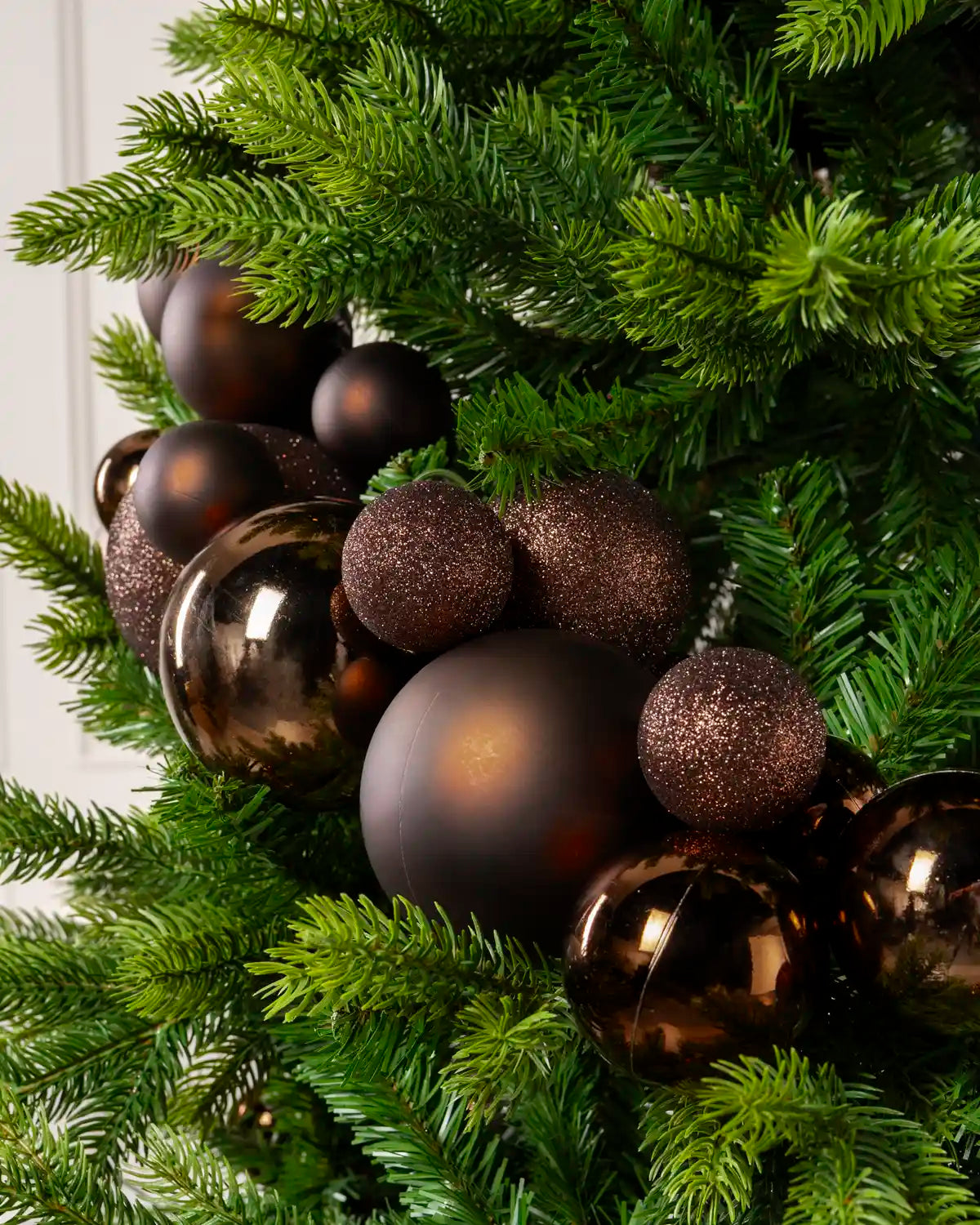 Detailed Close-up of Espresso  Bauble Garland featuring Espresso, glitter and metallic baubles