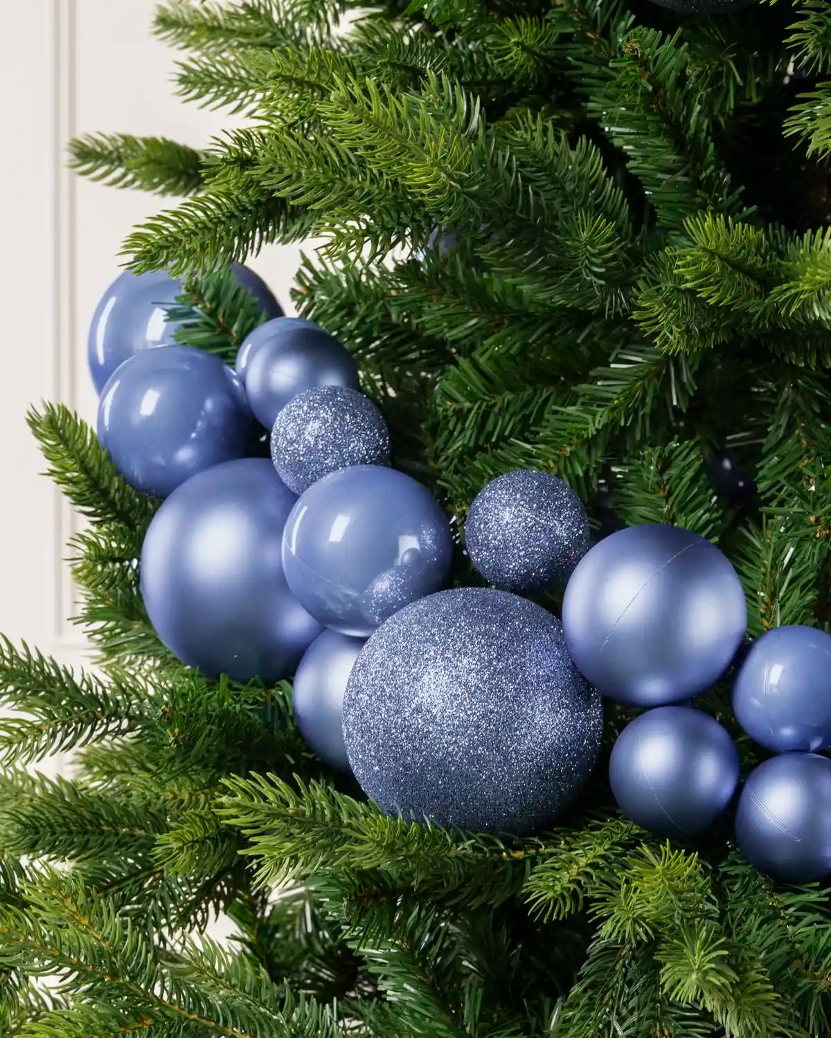 Detailed close-up of Ice Blue  Bauble Garland featuring Ice Blue, glitter and metallic baubles