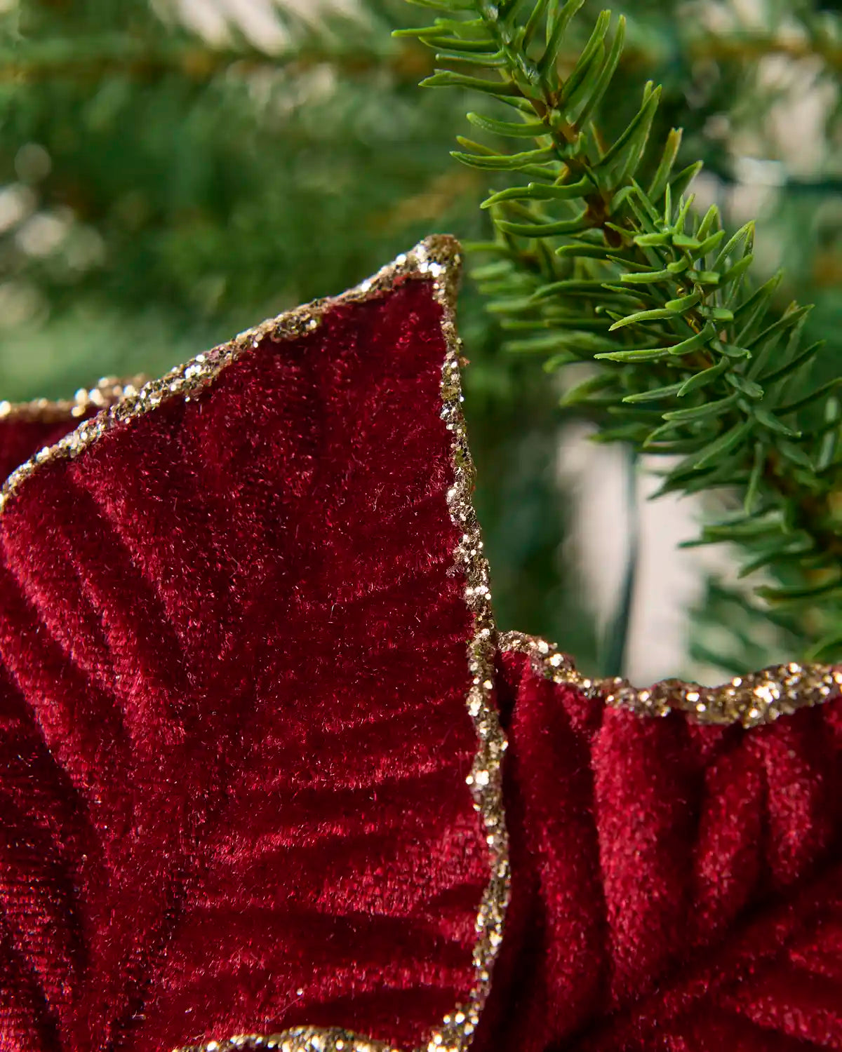 Detailed view of burgundy poinsettia petals with textured velvet-like fabric and sparkling gold glitter edges 