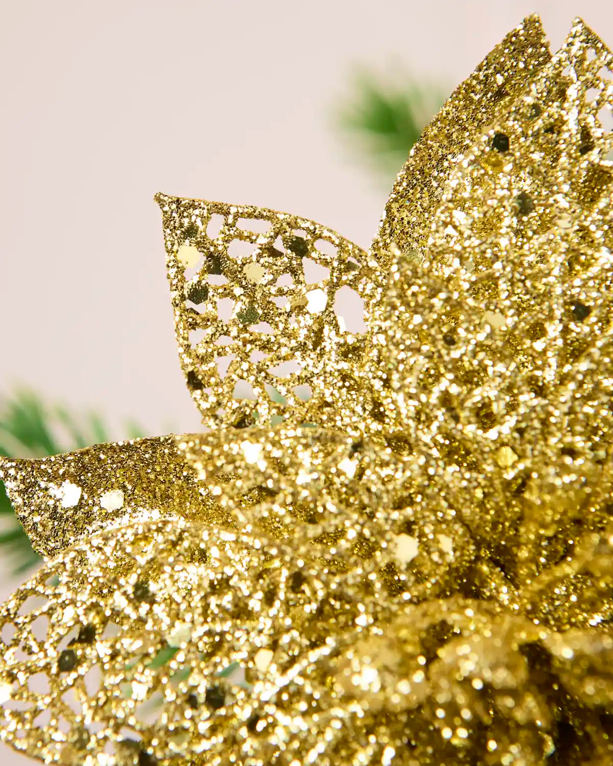 Extreme close-up of Gold glitter poinsettia petals with an open, decorative glittered texture.