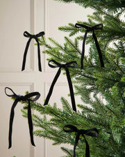 A set of five black velvet bows on the edge of Christmas tree branches in front of a white background