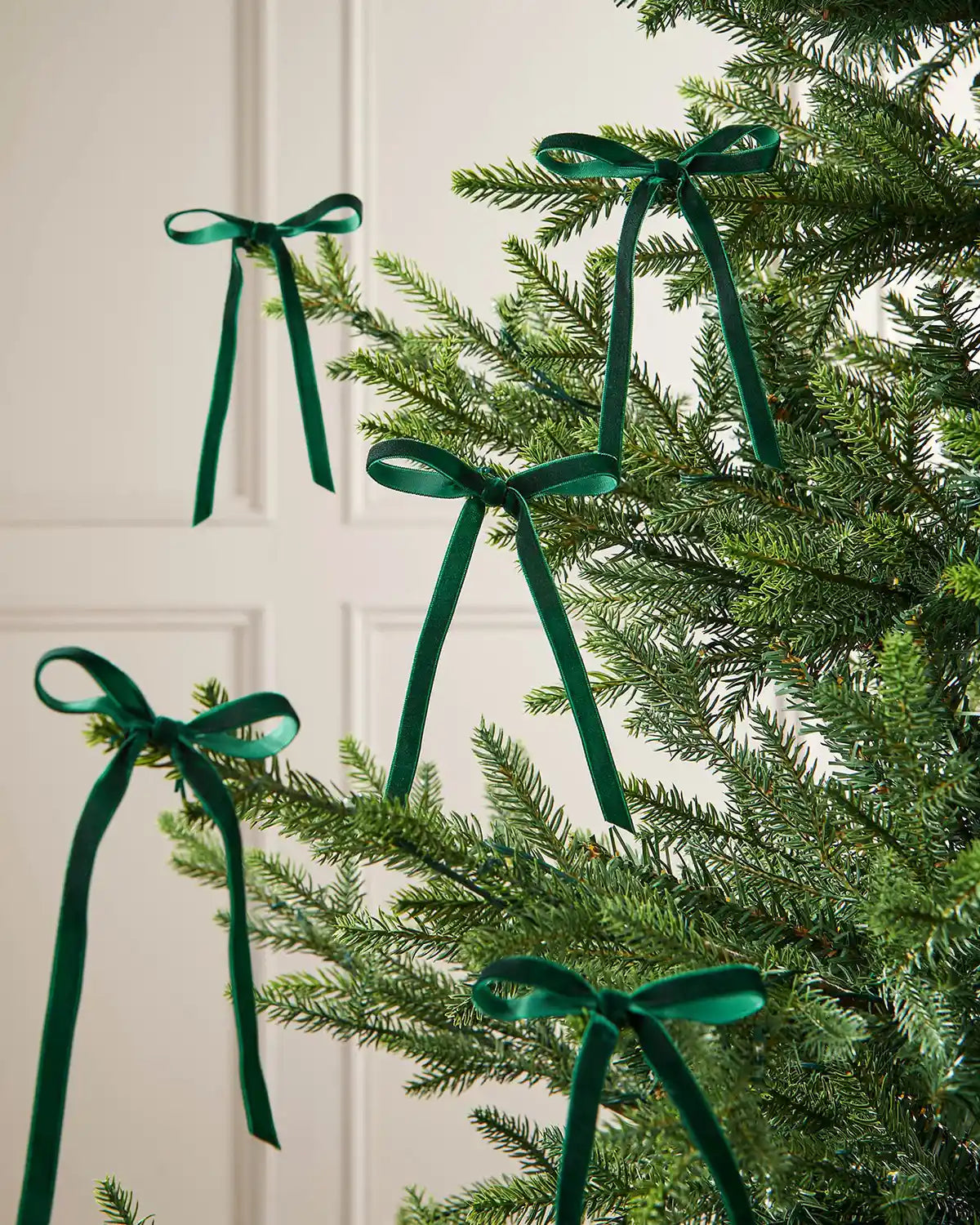 A set of five sage green velvet bows on the edge of Christmas tree branches in front of a white background