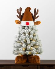 Flocked Reindeer Christmas Tree with plush antlers, hat, and red nose