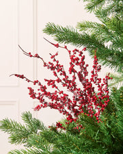 Frosted red berry Christmas tree pick with clusters of glossy red berries and white frosted accents on branching stems.
