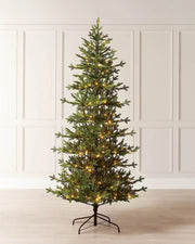 Full image of 6ft pre-lit nordic pine Christmas tree with warm white light setting in front of white panelling