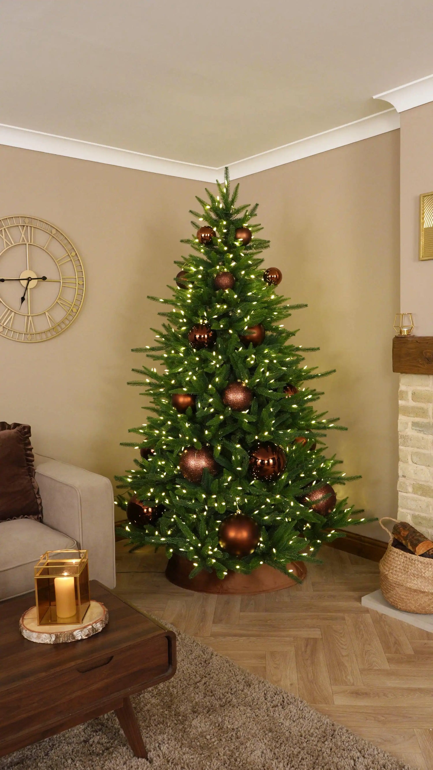 Layer Smaller Espresso Baubles Throughout the Tree