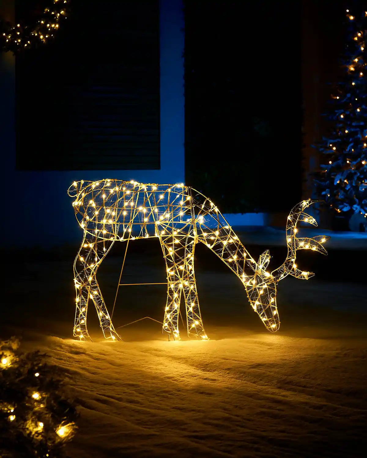 Grazing LED reindeer in a snowy garden with decorated trees and wreath in background