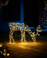 Grazing LED reindeer in a snowy garden with decorated trees and wreath in background