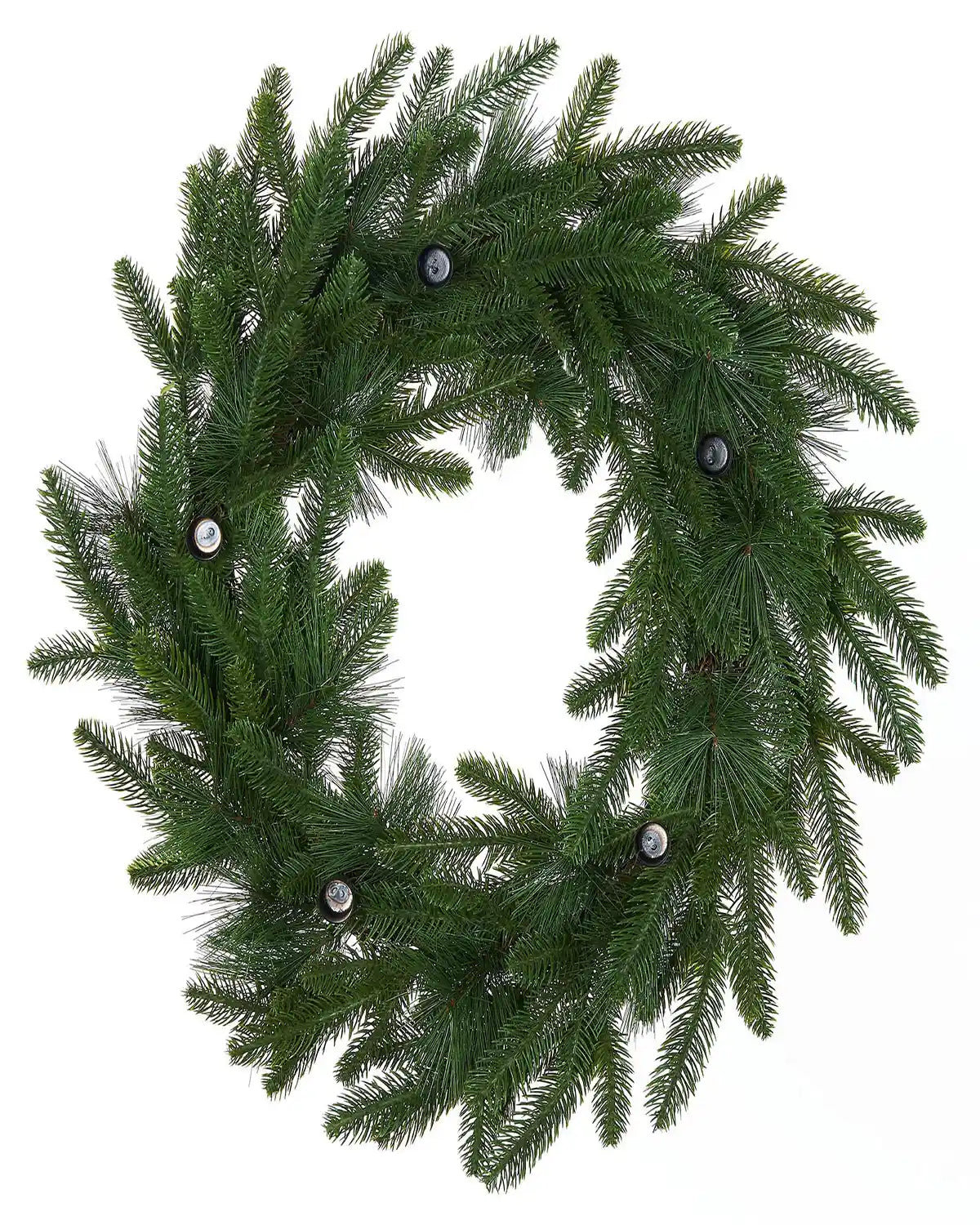 Green Christmas wreath with 5 candle holders on a white background