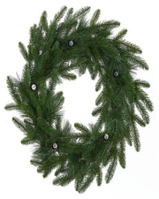 Green Christmas wreath with 5 candle holders on a white background