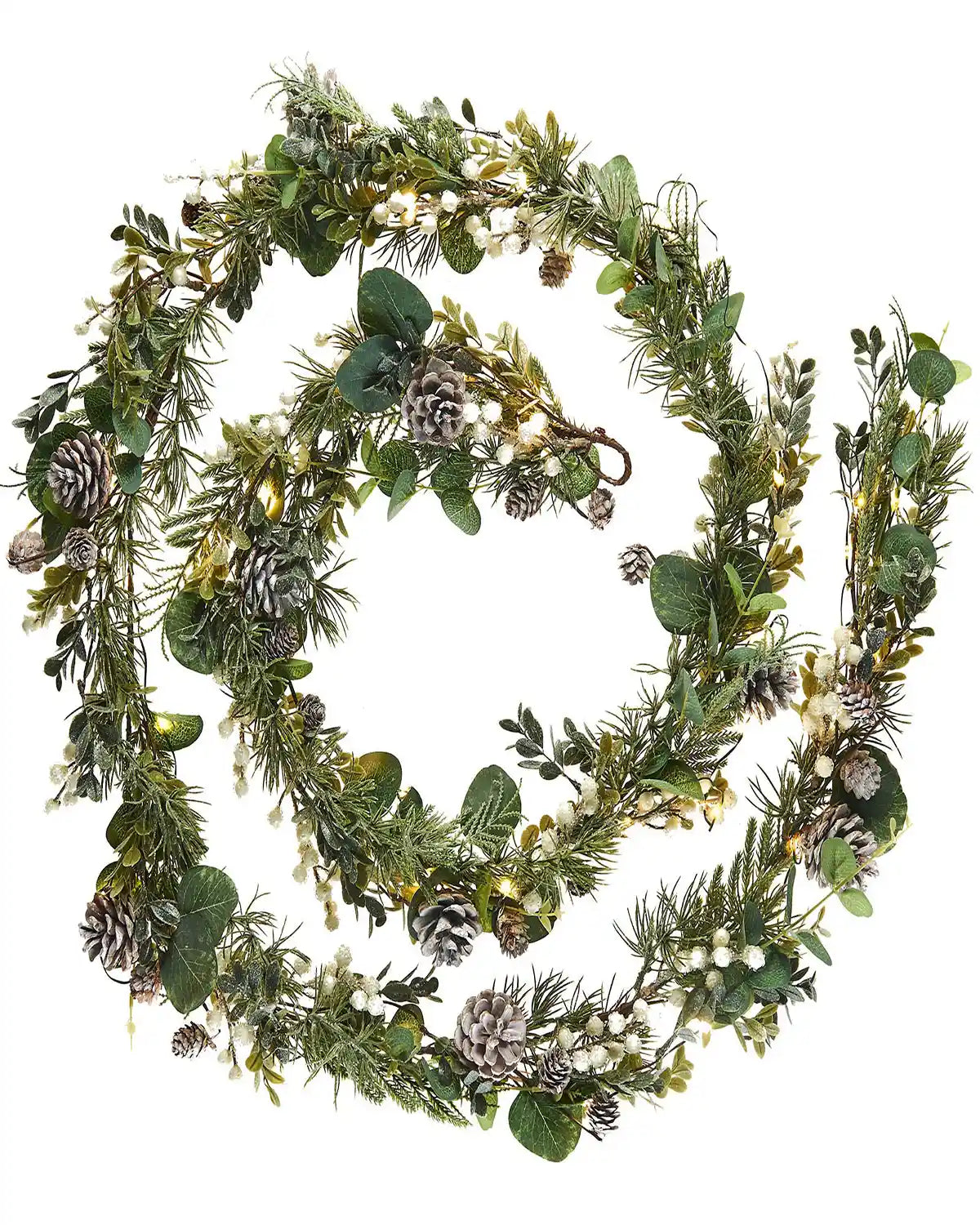 Green decorated garland with white berries, lights, pinecones and eucalyptus on a white background