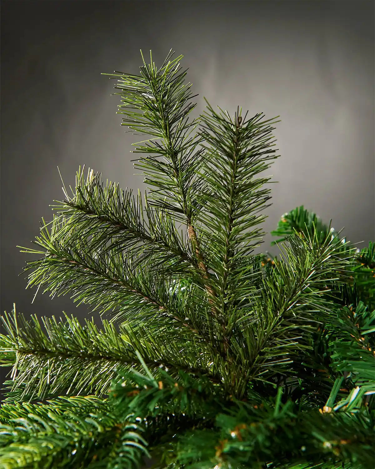 Green pine pick on a green Christmas tree against a grey background
