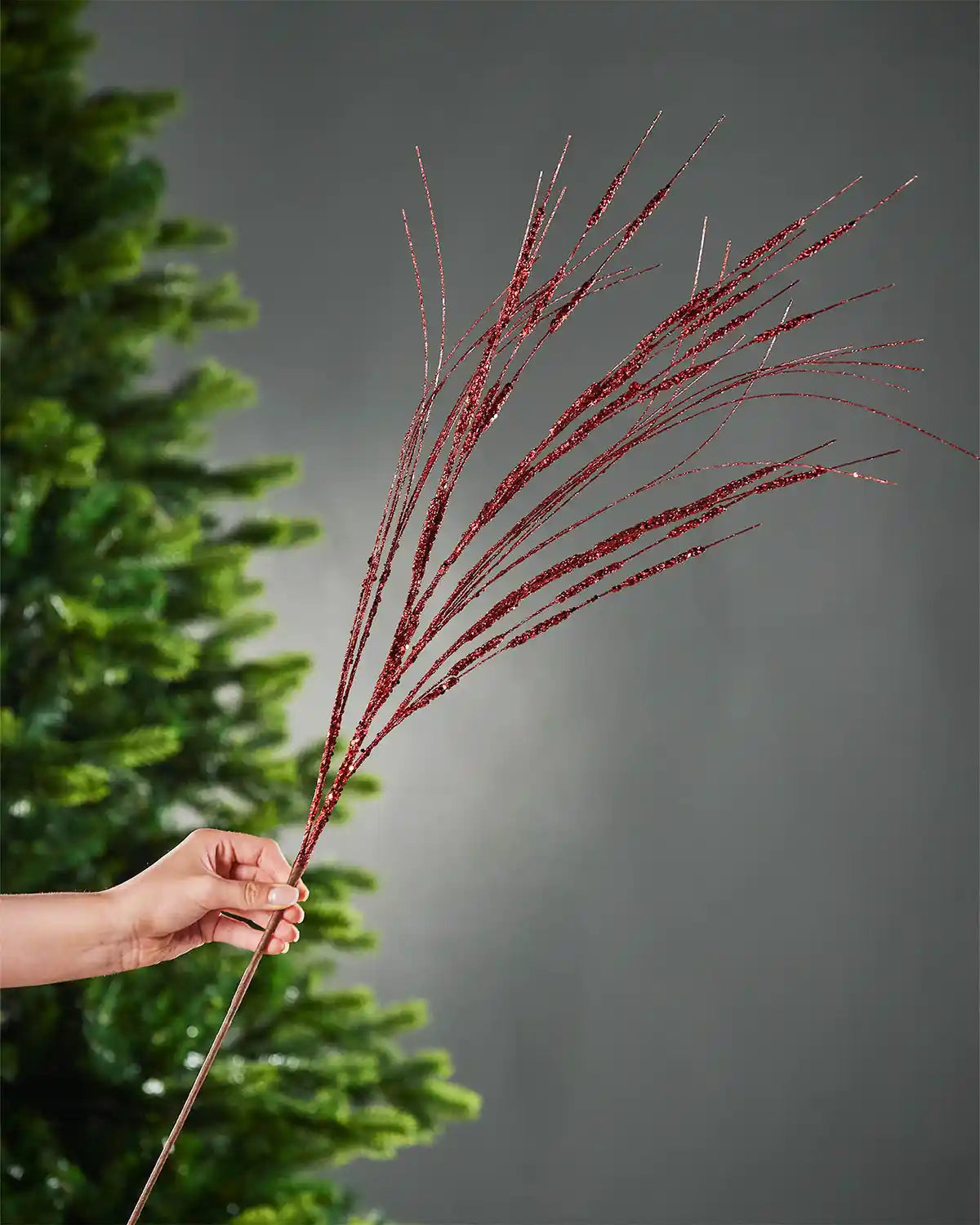 A hand holding 100cm red glitter wispy spray in front of tree and grey background