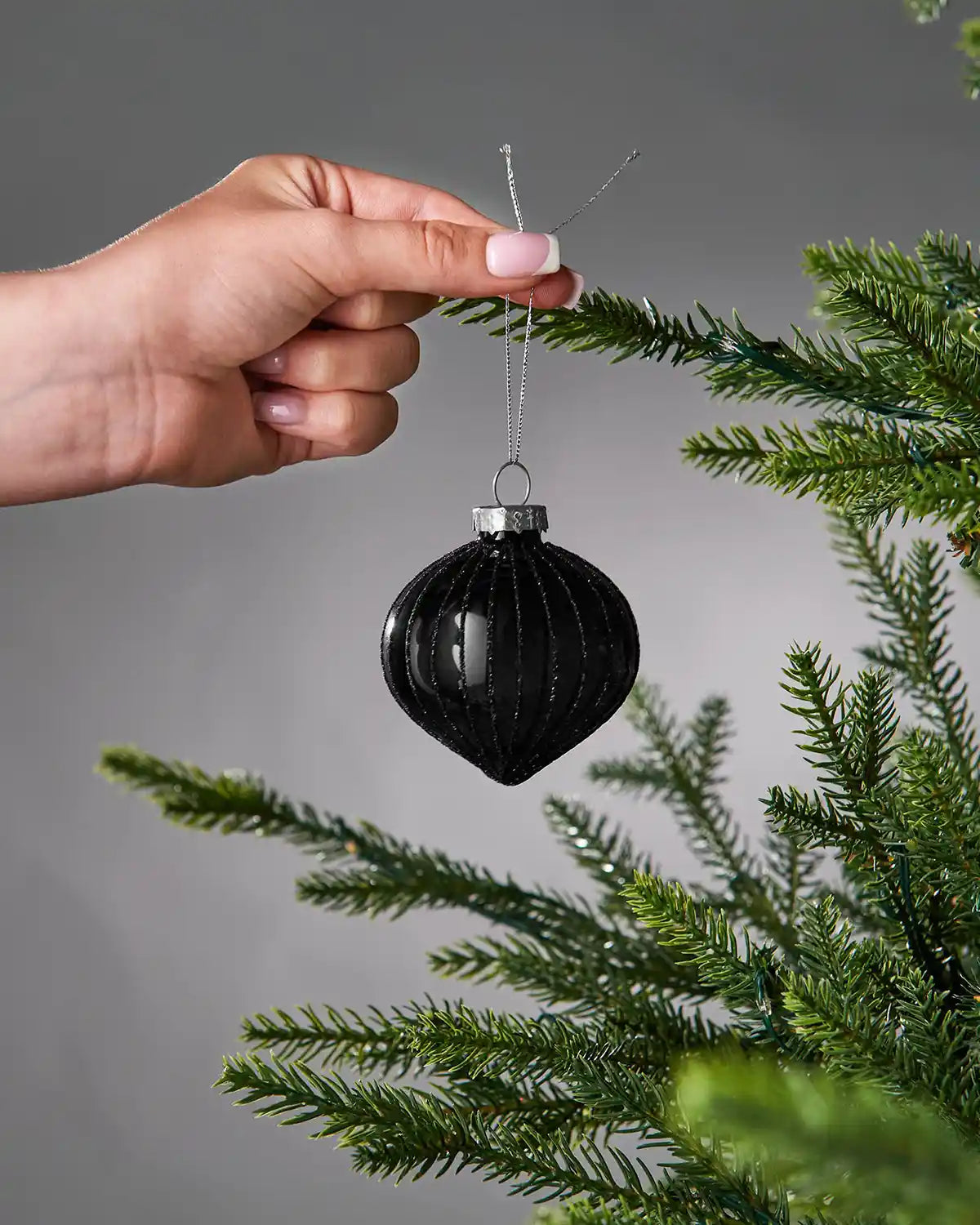 Hand holding a black bauble near a Christmas tree branch against a grey background