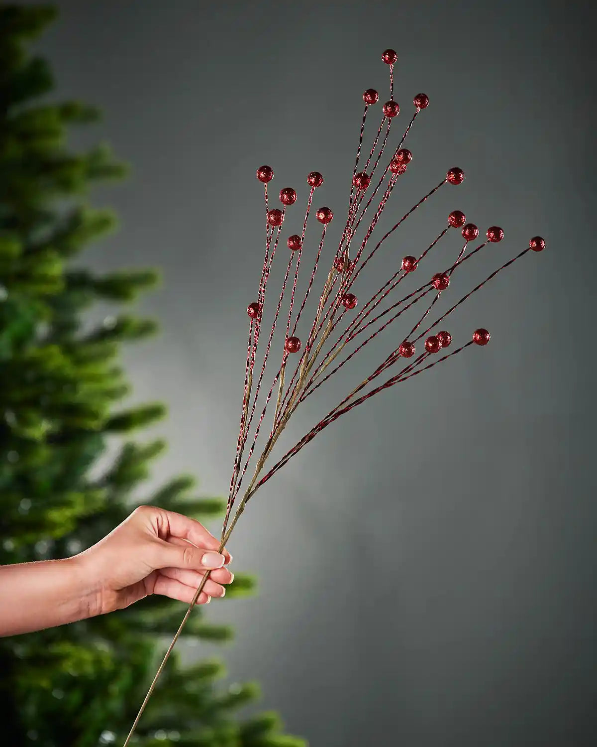 Hand holding a decorative branch with red berries against a grey background