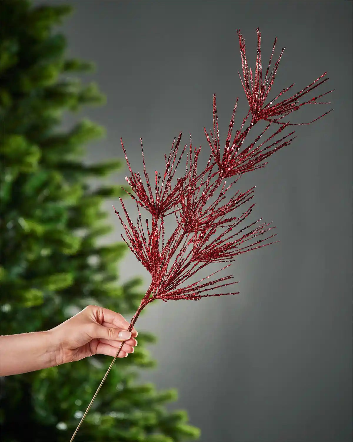 A hand holding red glitter firework spray in front of portion of Christmas tree and grey wall