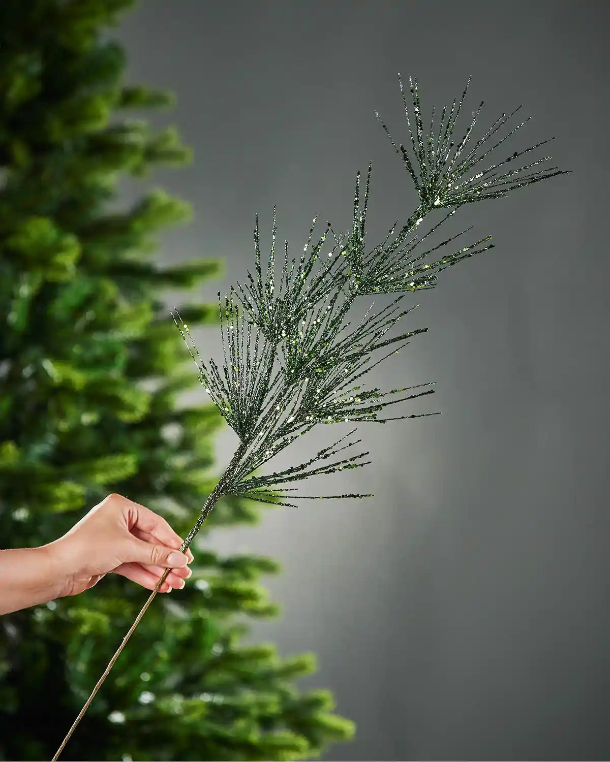 A hand holding the stem of sage green glitter firework spray in front of tree and grey background