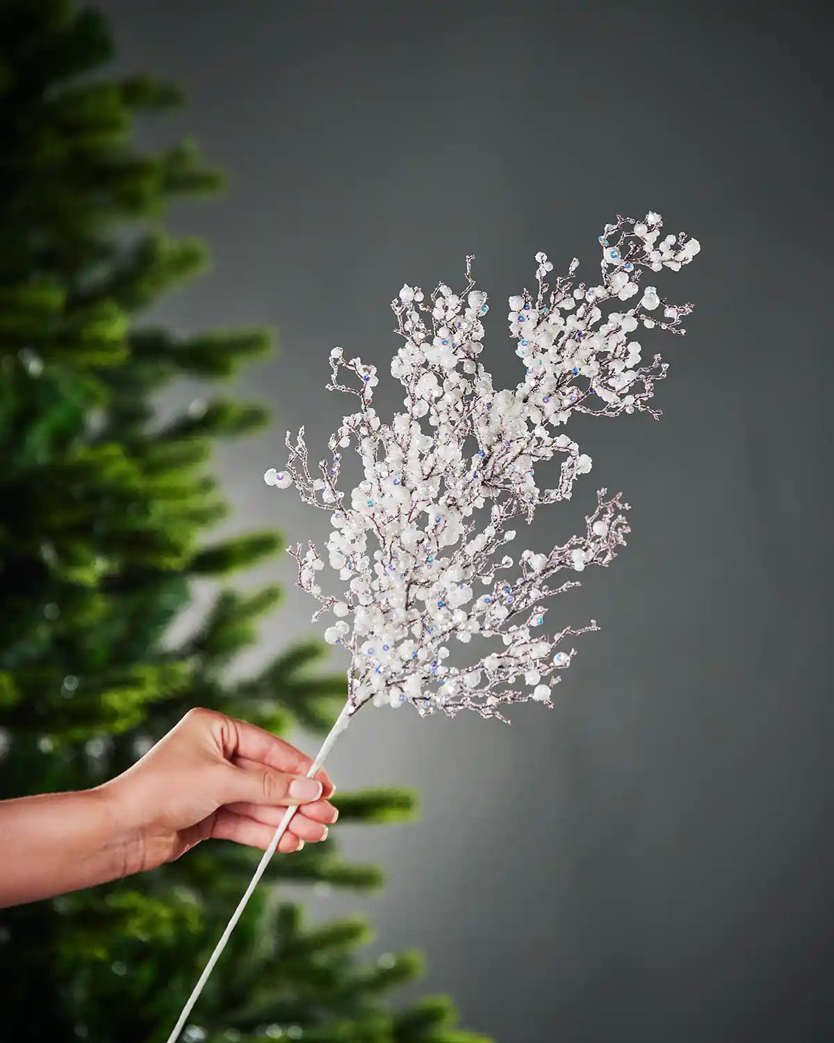 A hand holding the stem of the white pearls crystal spray in front of a Christmas tree and grey wall background