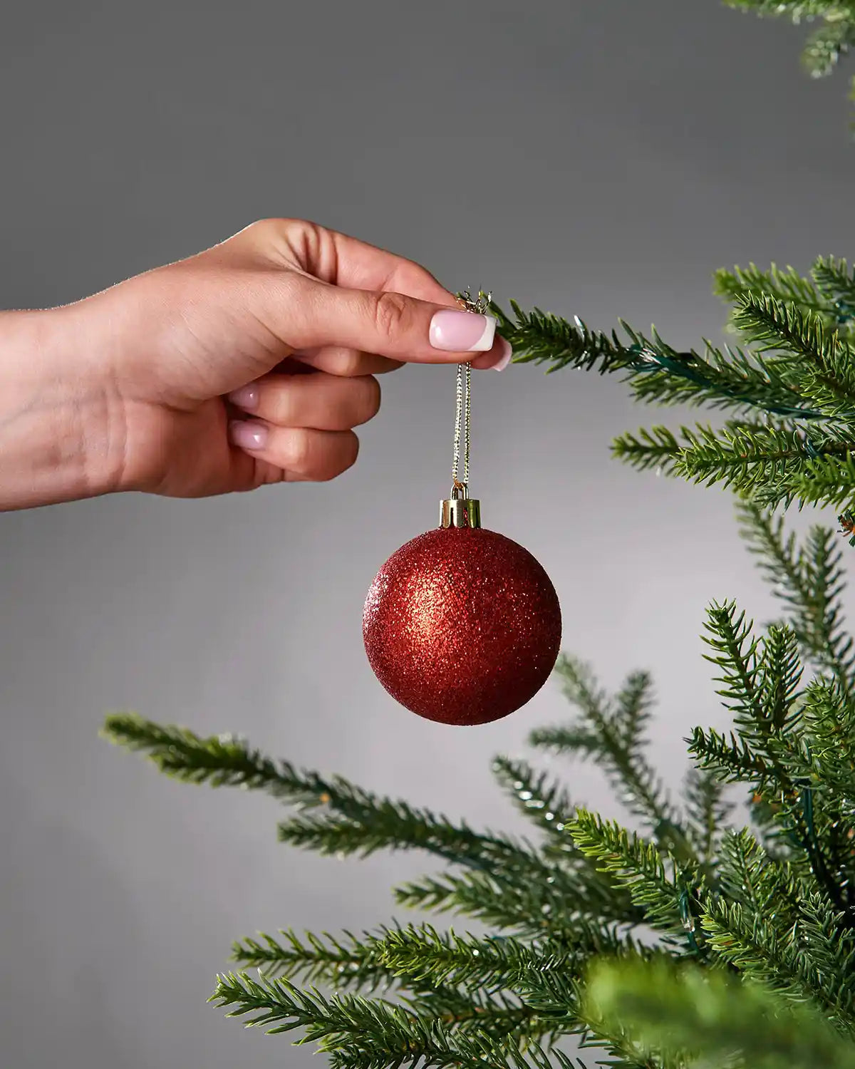 Hand placing a red glittery Christmas bauble on a tree branch against a grey background