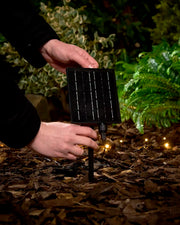 Hands putting a large black solar panel into the ground with a ground stake and blurry garden plants in the background.