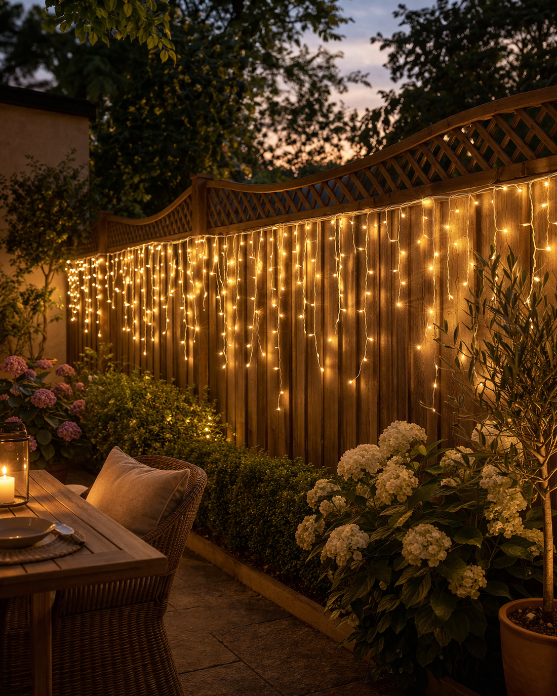 Garden setting with icicle lights on a fence, table with candles, and plants.