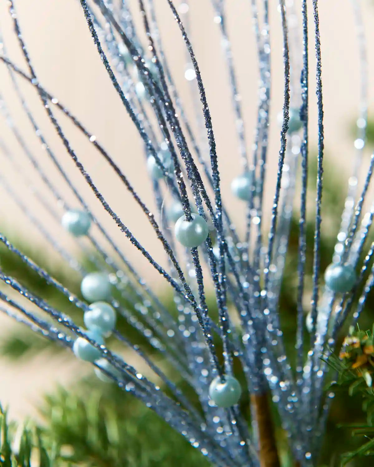 Ice Blue Glitter Nest Christmas Tree Pick showing the glitter details and Ice Blue balls