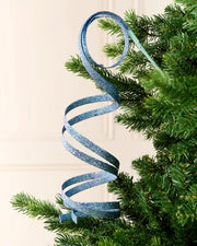 Ice Blue Glitter Spiral Swirl Pick hanging from Christmas tree branch with cream background