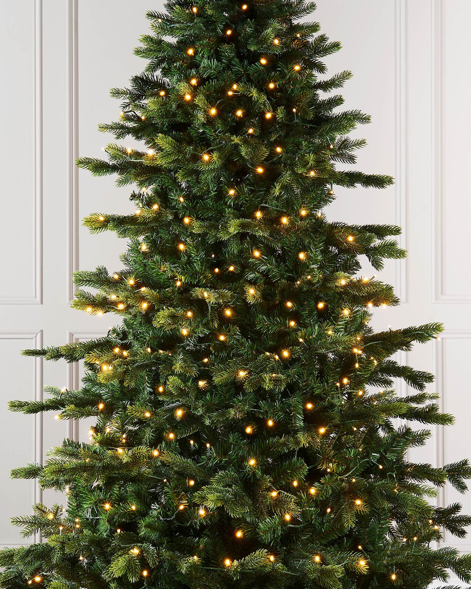 Tall Christmas tree with lights against a white paneled background