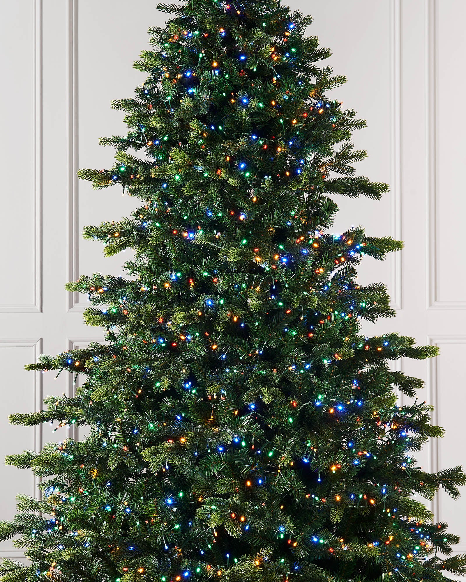 Tall Christmas tree with colorful lights against a white paneled background.