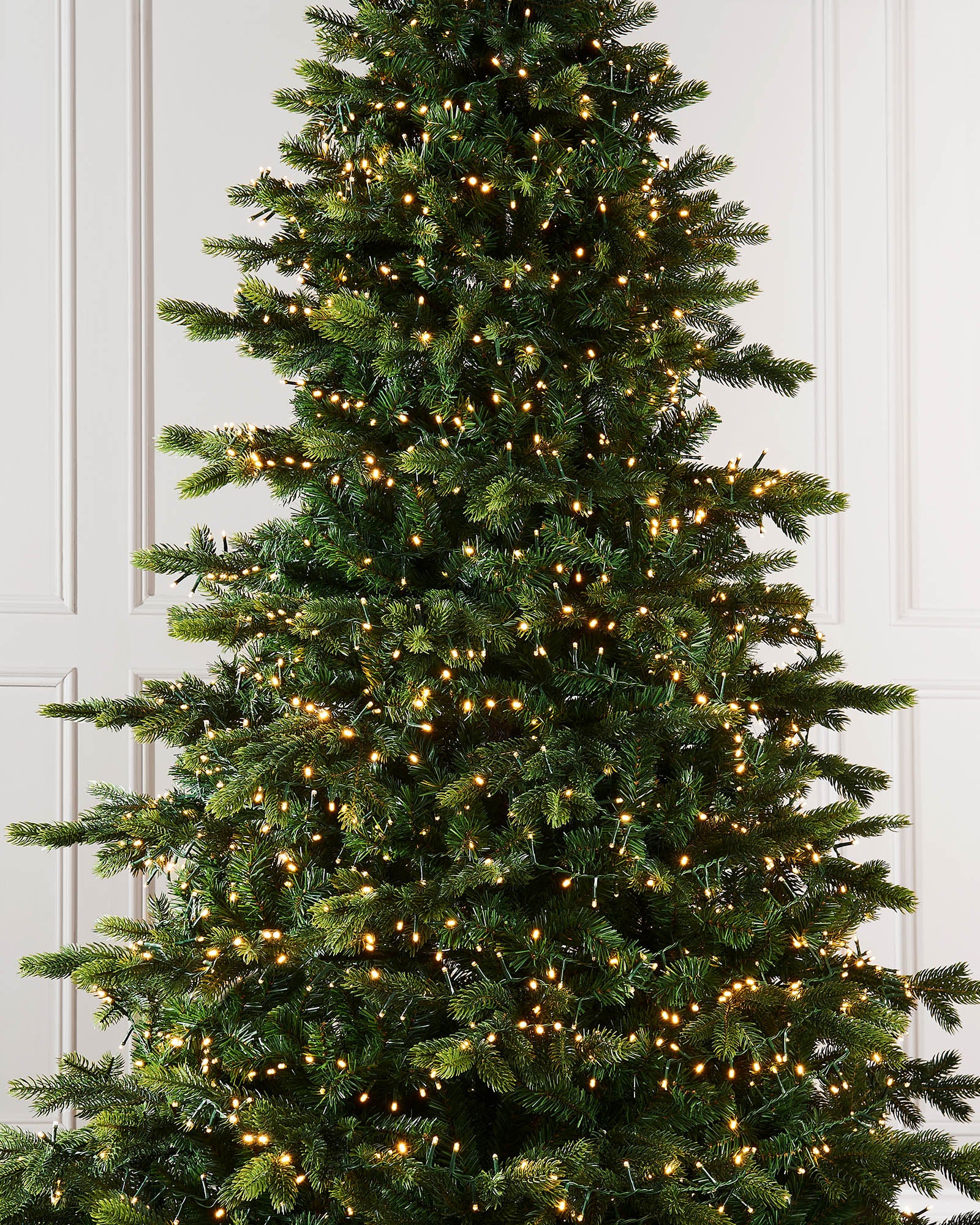 Tall Christmas tree with lights against a white door background