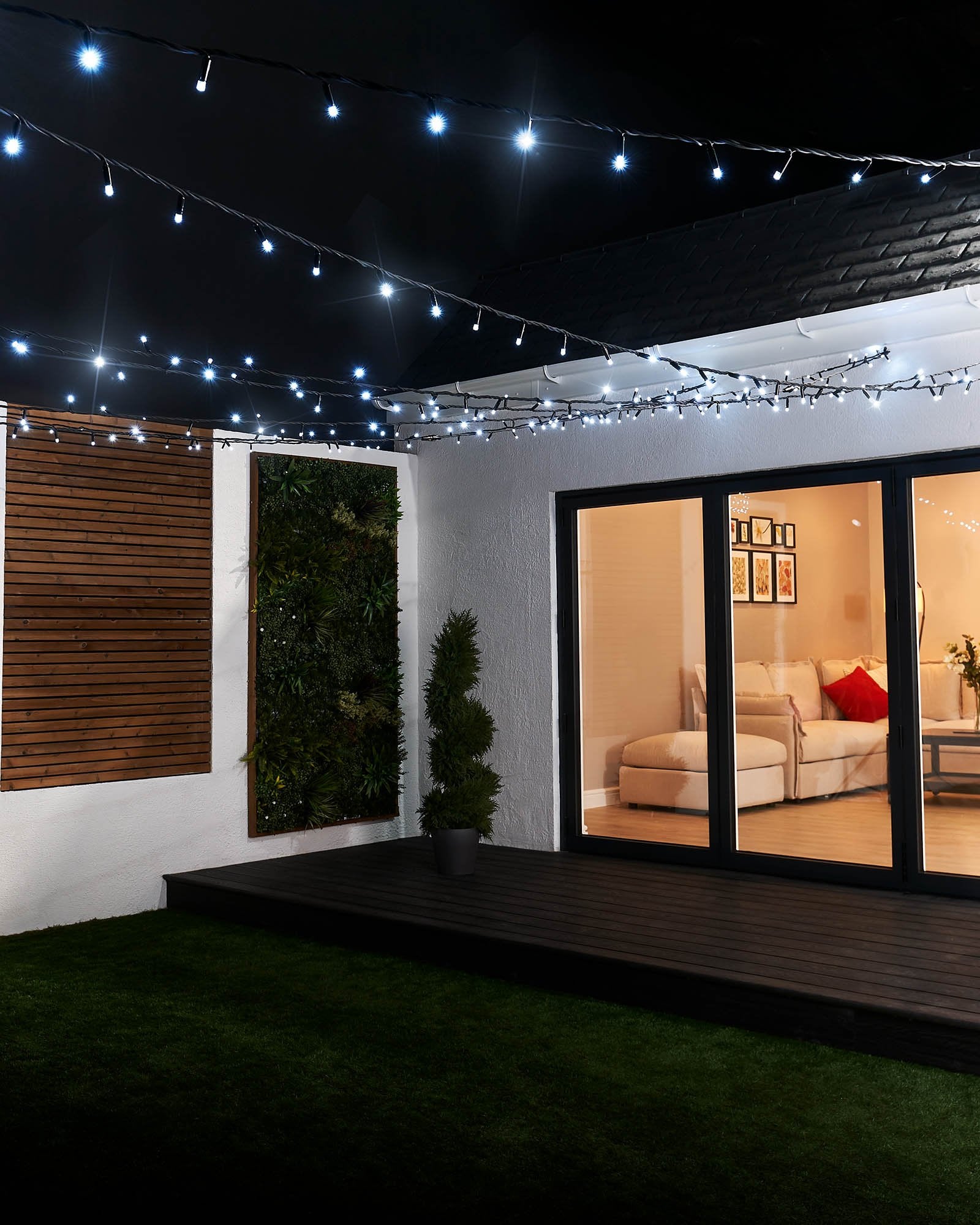 Close-up of white LED string lights with a focus on the 'TWINKLING' feature, showing the lights in an on and off state, creating a twinkling effect.