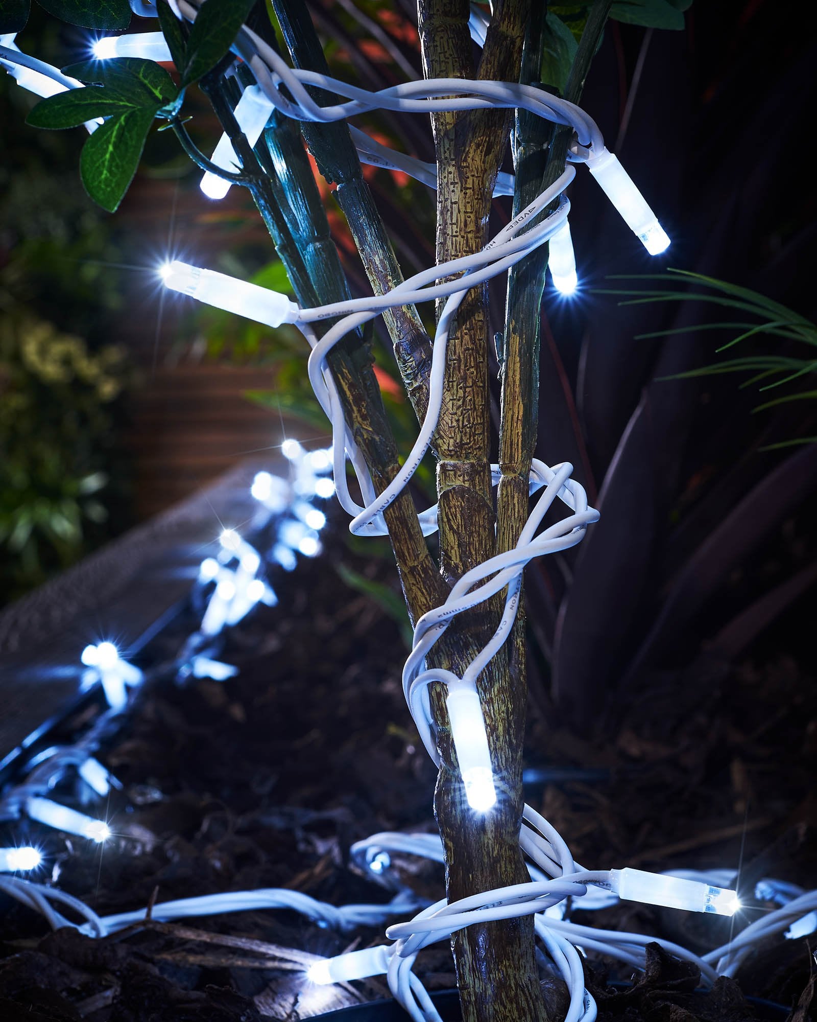A close-up of white LED string lights with a focus on the twinkling feature, displaying the lights in an outdoor setting.