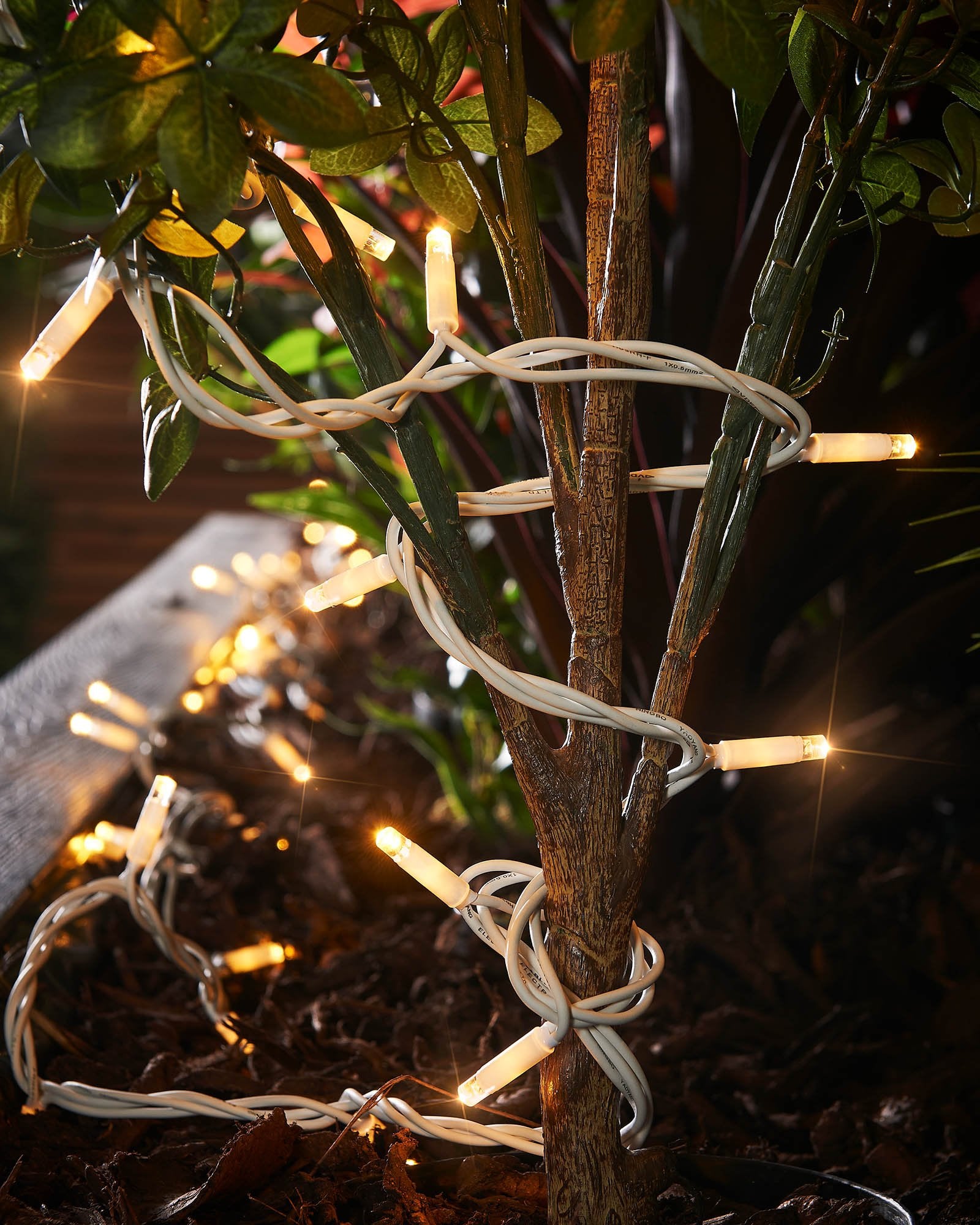 A close-up of connectable twinkle string lights with a focus on the LED bulbs, showcasing the twinkling feature.