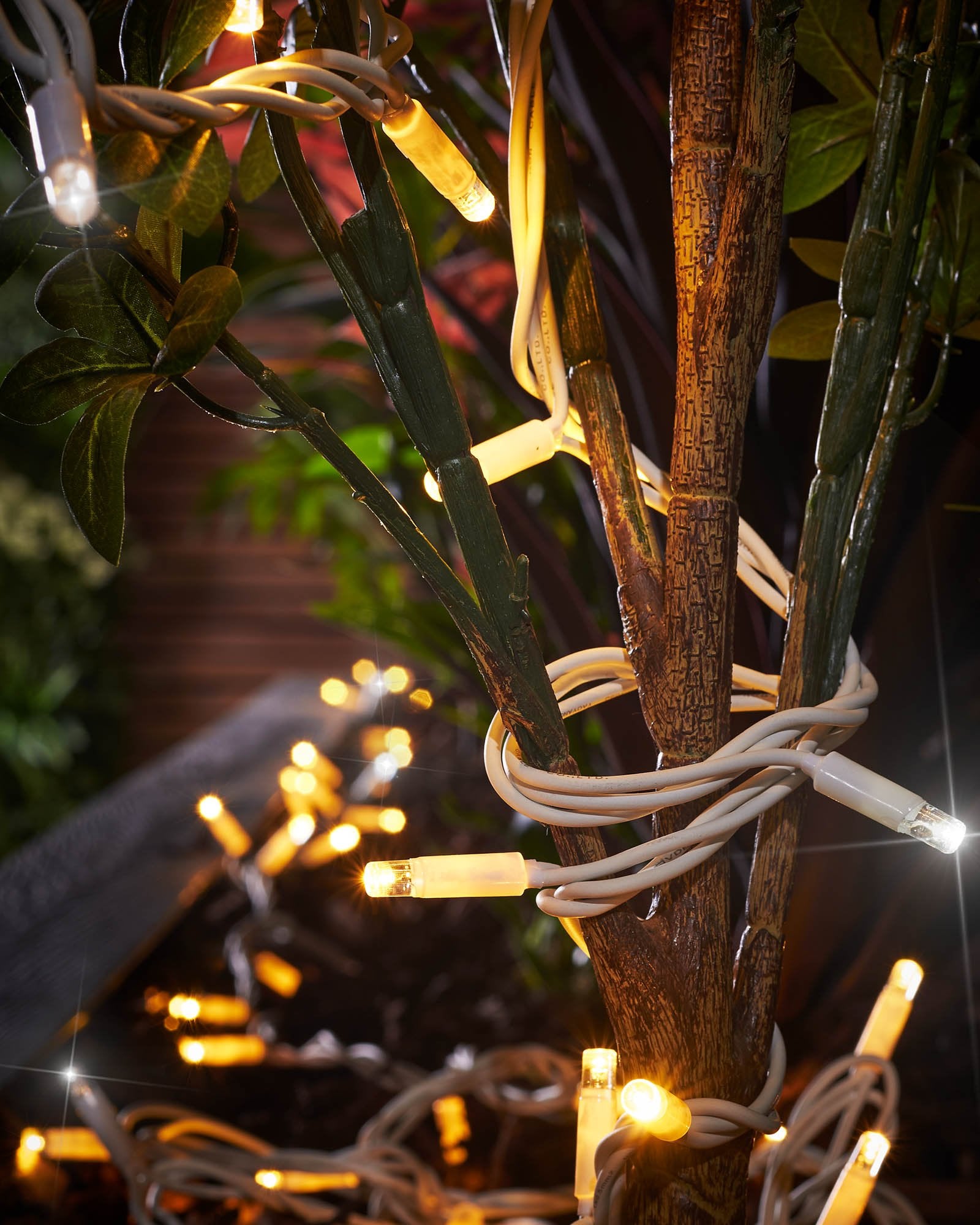 Close-up of connectable twinkle string lights with warm white and white LEDs, showcasing the twinkle effect. The image is taken during the evening with a blurred background.