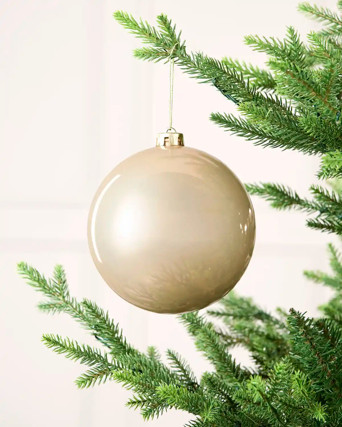 Latte 15 cm oversized shiny shatterproof bauble hanging on a Christmas tree with a gold cap and matching string.
